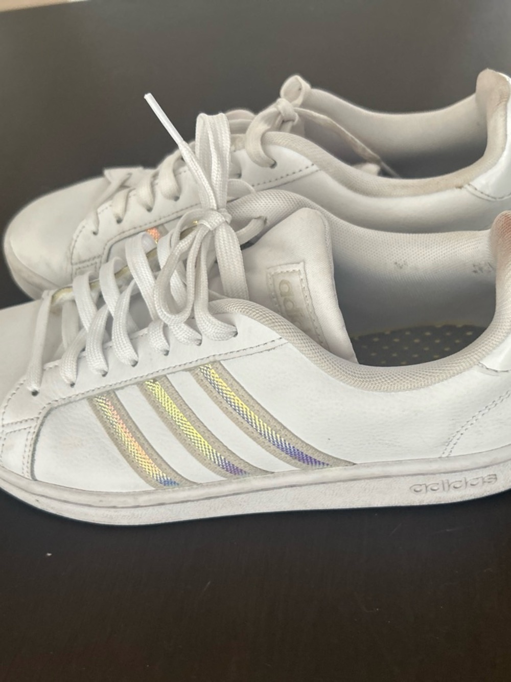 adidas White Women’s Low-Top Sneakers with Gold Stripe Accents - Picture 3 of 3
